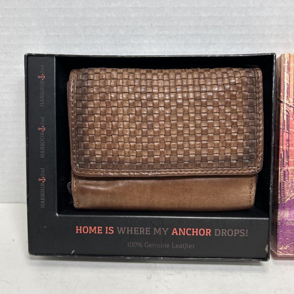 Harbour 2nd Women’s Cognac Genuine Leather Woven Lou Wallet Tri Fold Brown Nib